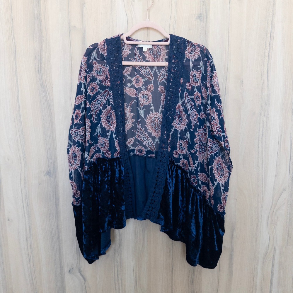 Altar'd State Womens Floral Velvet Kimono Large Blue Sheer Lace Open Front Boho